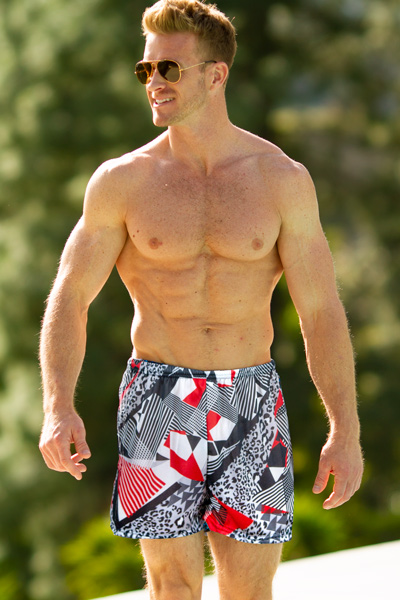 Tan-Through colorful abstract swim shorts red and black